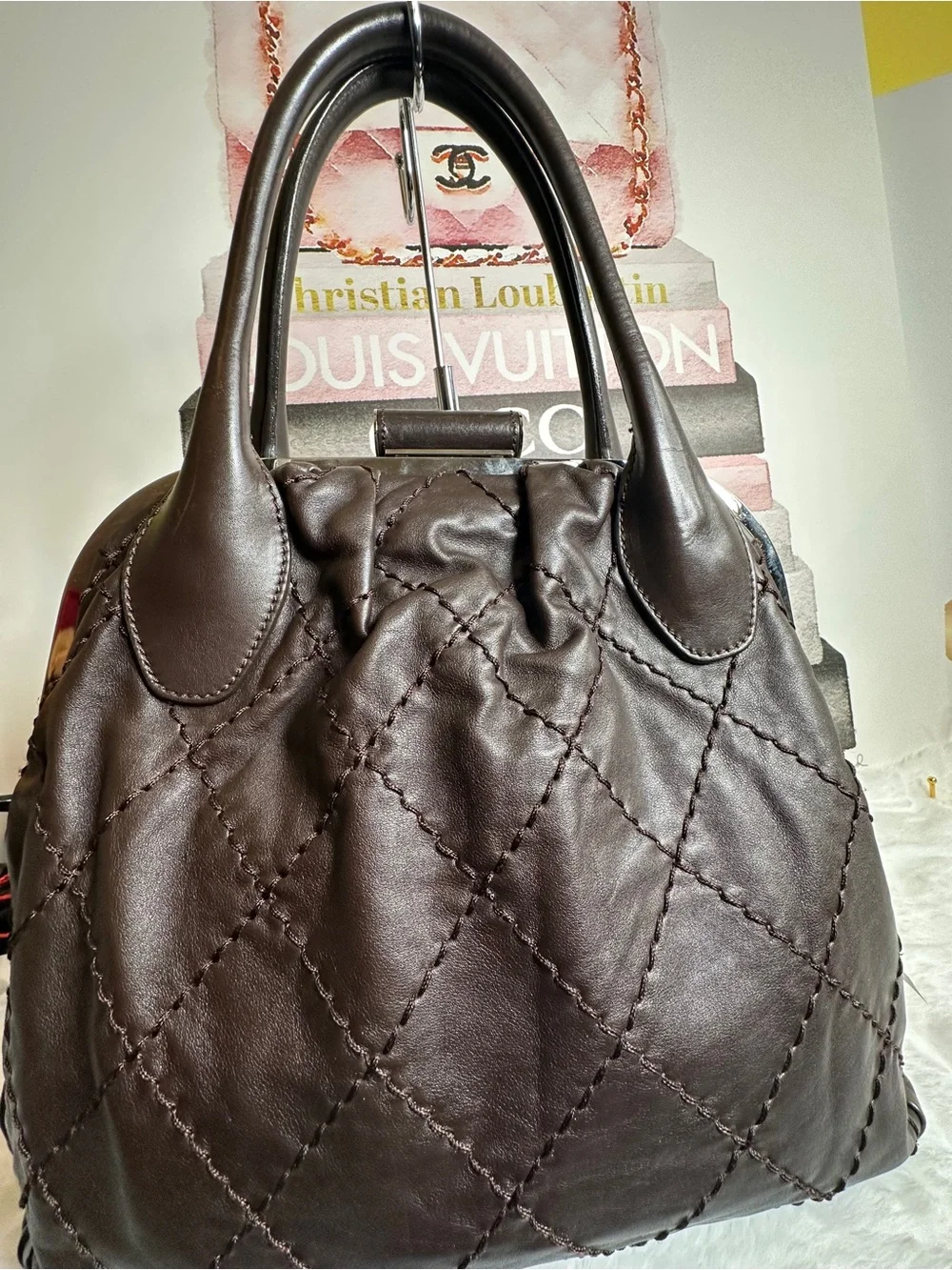 CHANEL CC SHW Handbag Calfskin Leather Brown